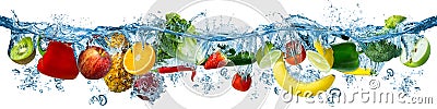 Fresh multi fruits and vegetables splashing into blue clear water splash healthy food diet freshness concept isolated white Stock Photo