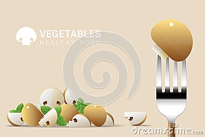 Fresh mushroom on fork with pile of mushrooms background , healthy food concept Vector Illustration