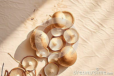 Fresh mushrooms flatlay scene in sunlight with shadows Stock Photo
