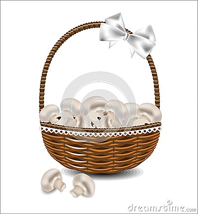 Fresh mushrooms in a wicker basket with a bow. Vector Illustration