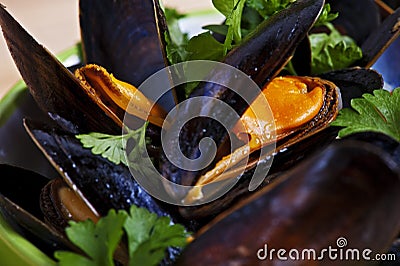 Fresh mussels braised in white wine Stock Photo