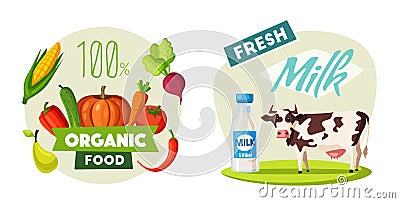 Fresh natural milk. Eco farm logo with cow. Cartoon vector illustration Vector Illustration