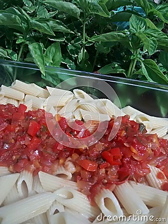 Fresh noodles with tomatoe sauce Stock Photo