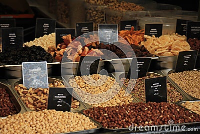 Fresh nuts on a market stall Stock Photo