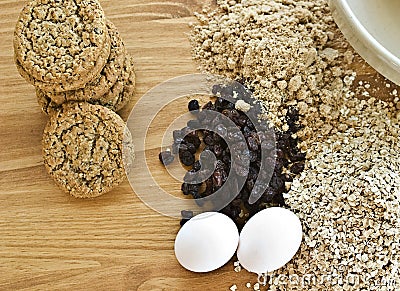 Fresh oatmeal cookies with baking ingredients Stock Photo