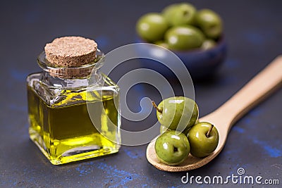 Fresh olives with pure olive oil Stock Photo