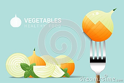 Fresh onion on fork with pile of onions background , healthy food concept Vector Illustration
