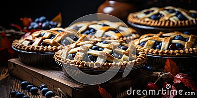 Fresh open blueberry pie on a wooden table. Generated by AI Stock Photo