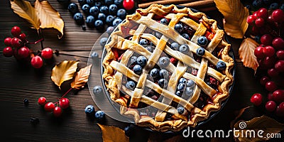 Fresh open blueberry pie on a wooden table. Generated by AI Stock Photo