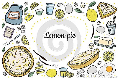 Fresh open lemon pie recipe ingredients for cooking isolated on white love hearte Vector Illustration