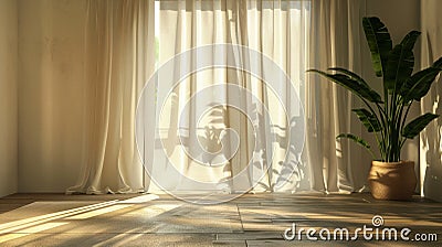 Fresh open space room with flowing curtains, opposite to a dirty, shadowed corner, noon light, dynamic angle Cartoon Illustration