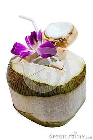 Fresh Opened Coconut. Ready for Drinking Coconut Water Inside Stock Photo