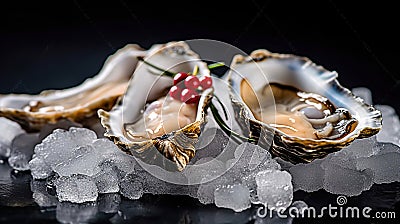 Fresh opened oyster on crushed ice. Generative AI Stock Photo