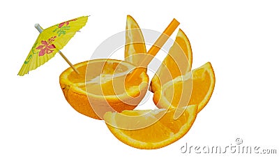 Fresh orange as a natural juice concept. Orange cocktail with tubule and umbrella Stock Photo