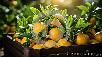 Fresh orange in box. The farmer harvests of fresh orange in the fruit garden. Harvesting and labor Generative ai Stock Photo