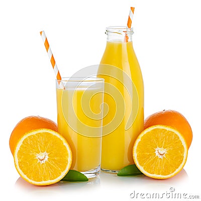 Fresh orange fruit juice drink smoothie oranges glass and bottle isolated Stock Photo