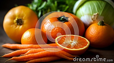 Fresh orange fruits and vegetables high in beta carotene Stock Photo