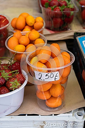 Fresh orange kumquat fruit sold at a local market in Greece Stock Photo