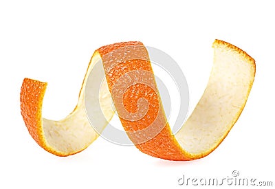 Fresh orange peel on white background. Orange skin in spiral form Stock Photo