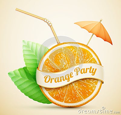 Fresh orange with ribbon and cocktail stick Vector Illustration