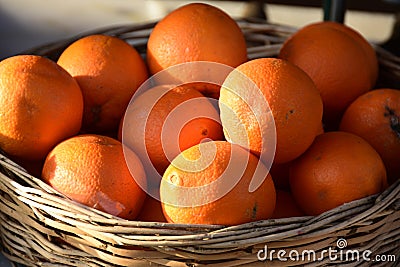 Fresh oranges group on basket from market Stock Photo