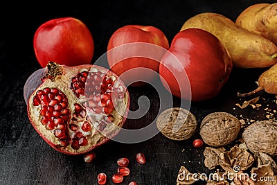 fresh organic autumnal fruits and walnuts Stock Photo