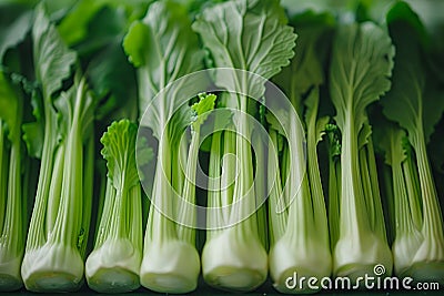 Fresh Organic Bok Choy Lined Up Neatly Green Asian Vegetables for Healthy Cooking and Nutritious Diets Stock Photo