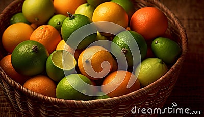 Fresh, organic citrus fruits in a wicker basket, vibrant and healthy generated by AI Stock Photo