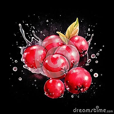 Fresh Organic Cranberry Berry Square Watercolor Illustration. Stock Photo