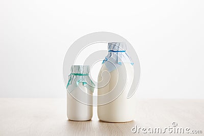 Fresh organic dairy products in bottles Stock Photo