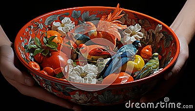 Fresh organic meal in ornate bowl with colorful vegetable decoration generated by AI Stock Photo