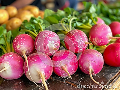 Fresh Organic Red Radishes on Display at Local Farmer's Market with Vibrant Green Tops Stock Photo