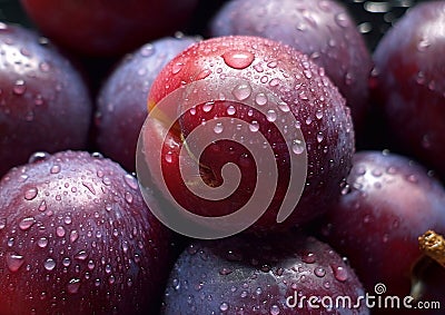Fresh organic ripe plums with water drops.AI Generative Stock Photo