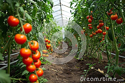 Fresh organic ripe tomatoes branch growing in greenhouse Stock Photo