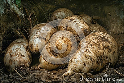 Fresh Organic Root Vegetables Harvest Close up View of Earthy Unwashed Sweet Potatoes in Natural Farm Environment Stock Photo