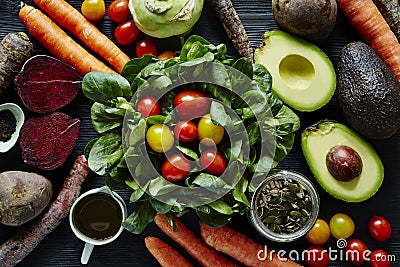 Fresh organic salad scene variety of ingredients Stock Photo