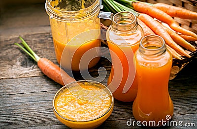 Fresh organic smoothie and ripe carrot juice Stock Photo