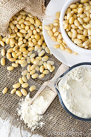 Fresh organic soy products:soy milk, soy yogurt, soy chese tofu Stock Photo