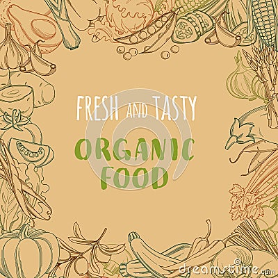 Fresh organic spring summer vegetables frame. Contour design veg Cartoon Illustration