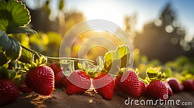 Fresh organic strawberries in colorful greenhouses during golden hour sony a1 wide angle lens Stock Photo