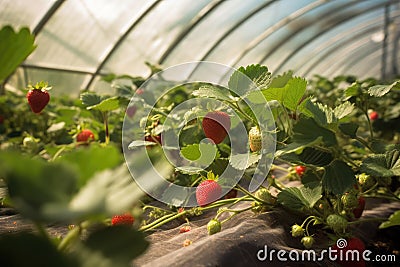 Fresh organic strawberries grown in a greenhouse. Generative AI Stock Photo