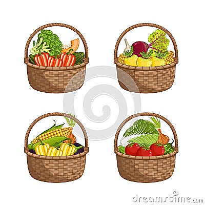 Fresh organic vegetable in wicker basket set Vector Illustration