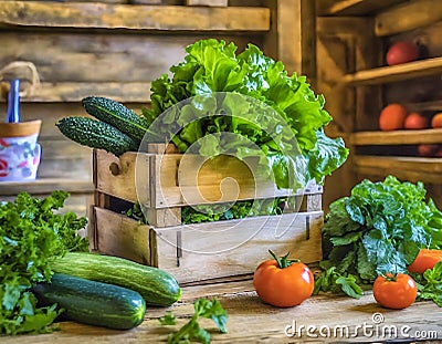 Fresh Organic Vegetables Displayed Rustically on Wooden Shelf Stock Photo