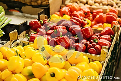 Fresh and organic vegetables at farmers market. Natural produce. Paprika. Pepper. Stock Photo