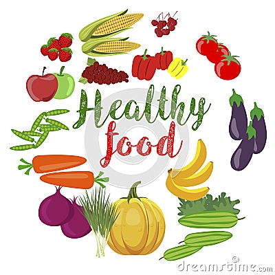 Fresh organic vegetables and fruits with healty food text Vector Illustration