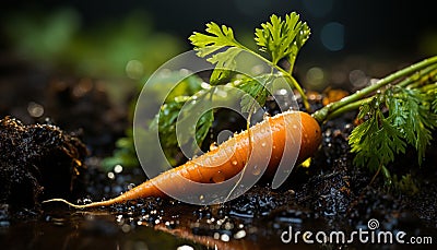 Fresh organic vegetables grow in the wet dirt outdoors generated by AI Stock Photo