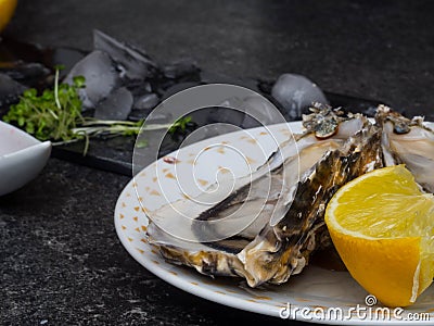 Fresh Oysters in plate, lemon, shells on marble. Delicacy super food, rich in antioxidants, vitamin, zinc Stock Photo