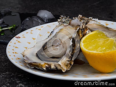 Fresh Oysters in plate, lemon, shells on marble. Delicacy super food, rich in antioxidants, vitamin, zinc Stock Photo