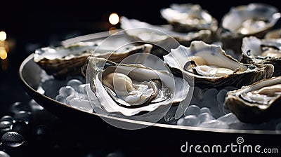 Fresh oysters served on ice, close up, copy space Stock Photo