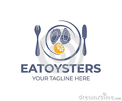 Fresh oysters in shell, lemon in plate or dish with fork and knife, logo design. Healthy food and seafood, restaurant, vector desi Vector Illustration